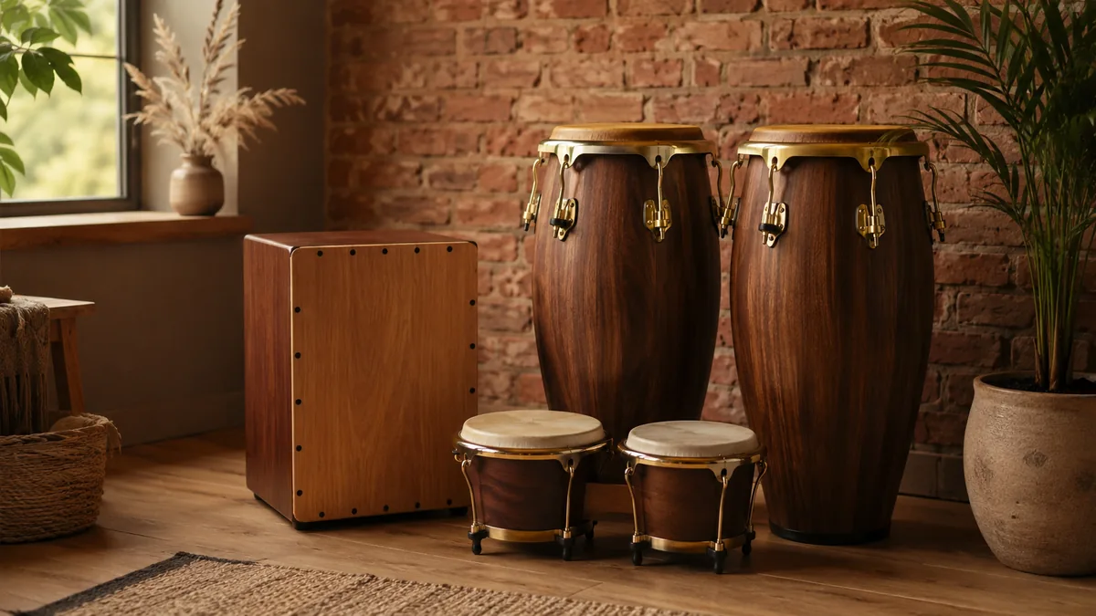 Cajon, congas och bongos uppställda mot en tegelvägg