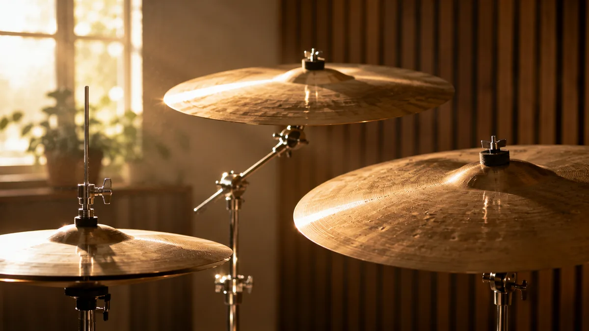 Cymbalställ med hi-hat, crash och ride i motljus